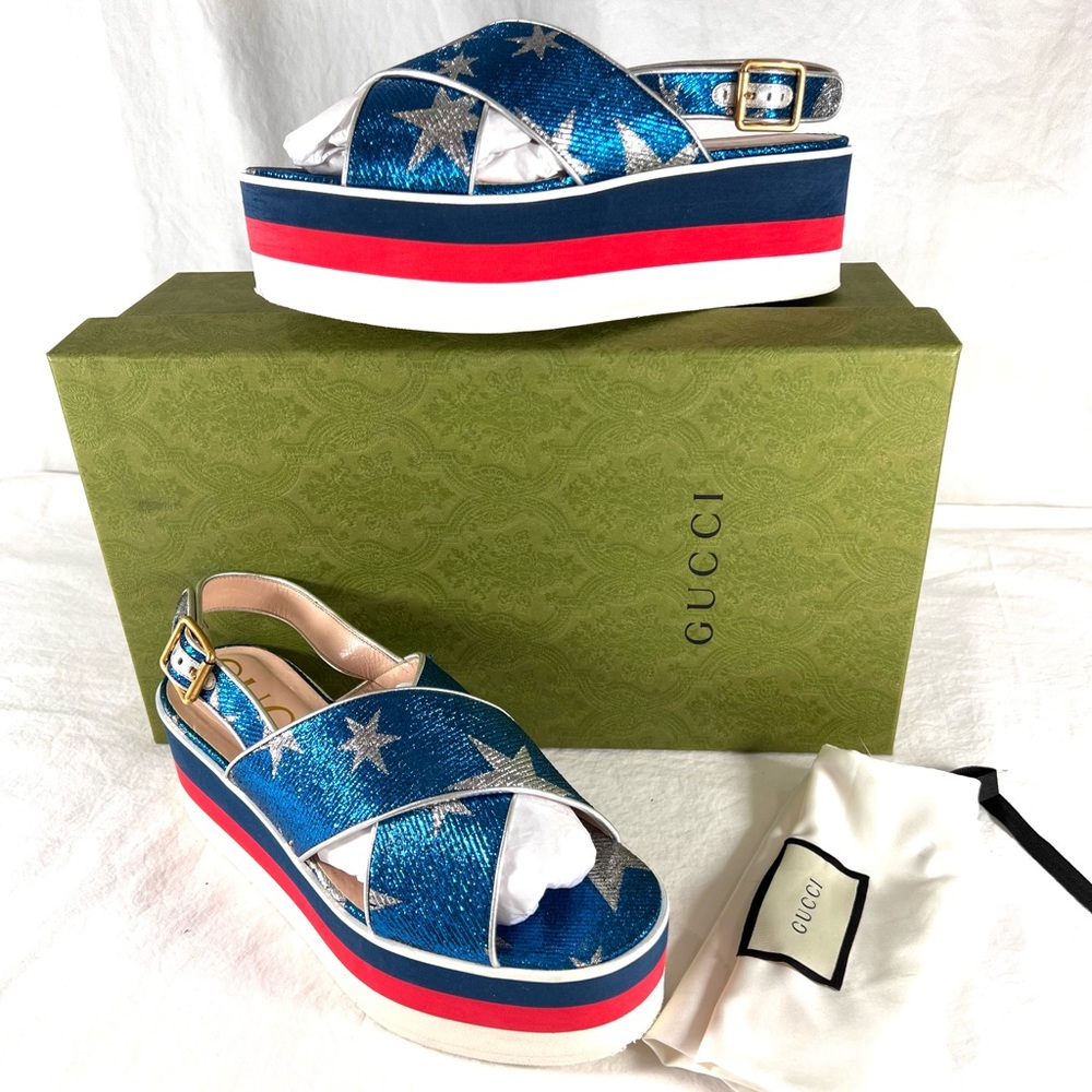 GUCCI Platform Crossover Sandal Wedges Blue Sylvie Glitter Starry Sky 39.5 9.5US